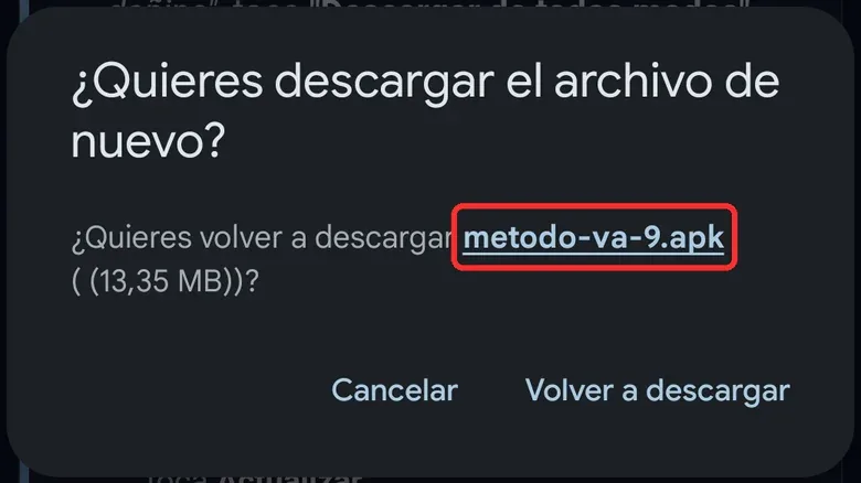 ¿Quieres descargar el archivo de nuevo?, con el nombre del archivo marcado