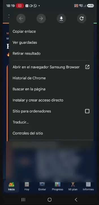 Menú del navegador con Instalar y crear acceso directo