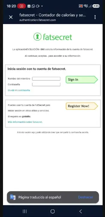 Página de fatsecret: La aplicación EVOLUCIÓN-360 solicita información