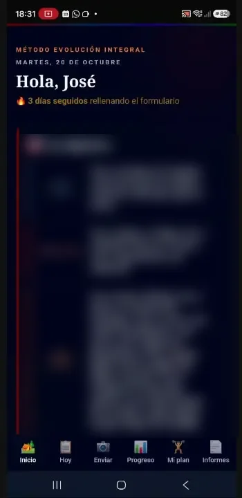 El portal dentro de la app con los botones en rojo