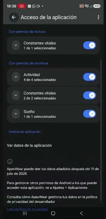 Permisos de ApexWear: escribe actividad, constantes y sueño
