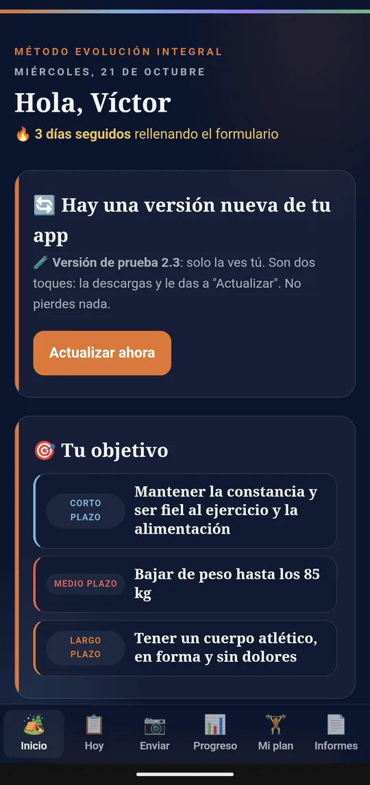 Inicio con el aviso Hay una versión nueva de tu app