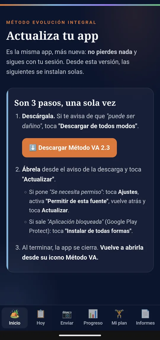 Página Actualiza tu app con el botón Descargar