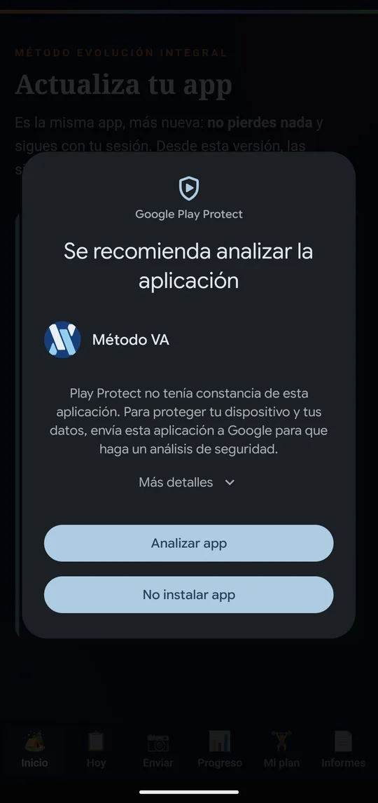Play Protect: Se recomienda analizar la aplicación