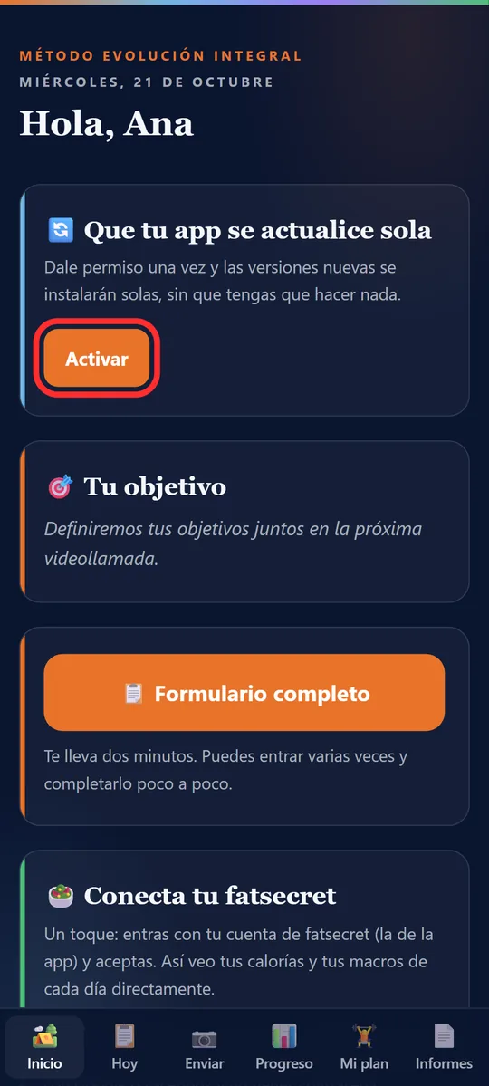 Tarjeta Que tu app se actualice sola con el botón Activar