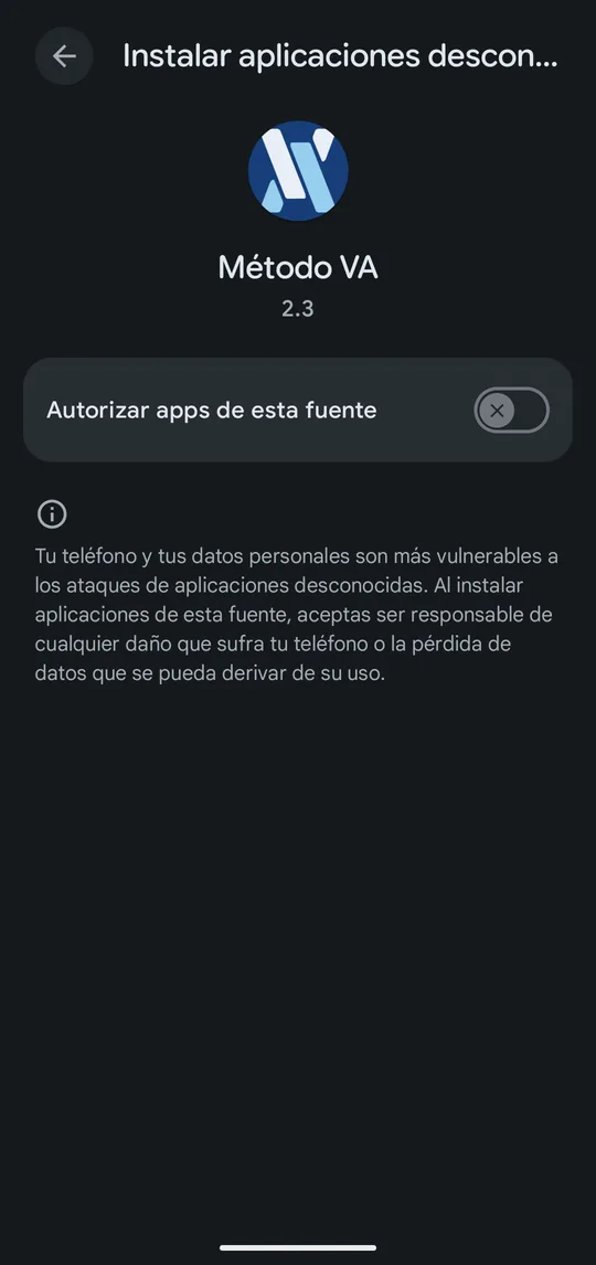 Ajuste Autorizar apps de esta fuente para Método VA
