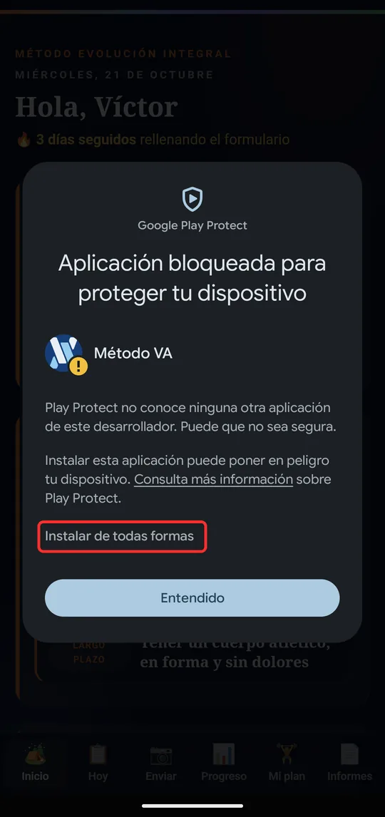 Play Protect: Aplicación bloqueada, con Instalar de todas formas marcado