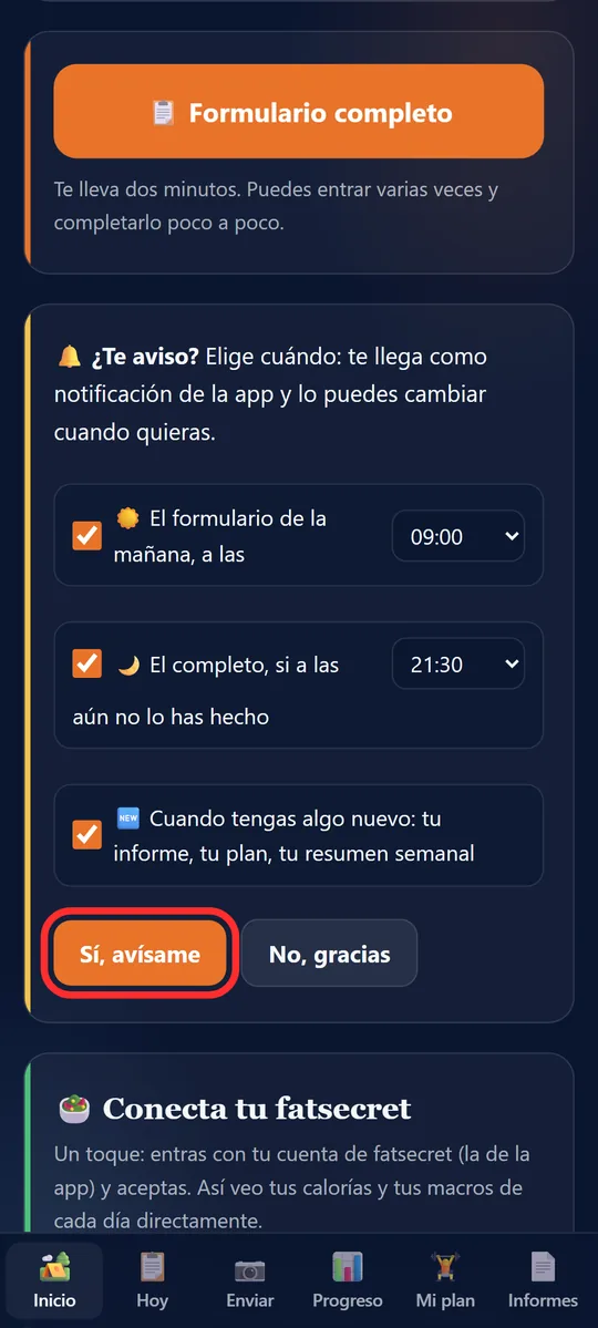 Tarjeta ¿Te aviso? con las horas que se pueden cambiar